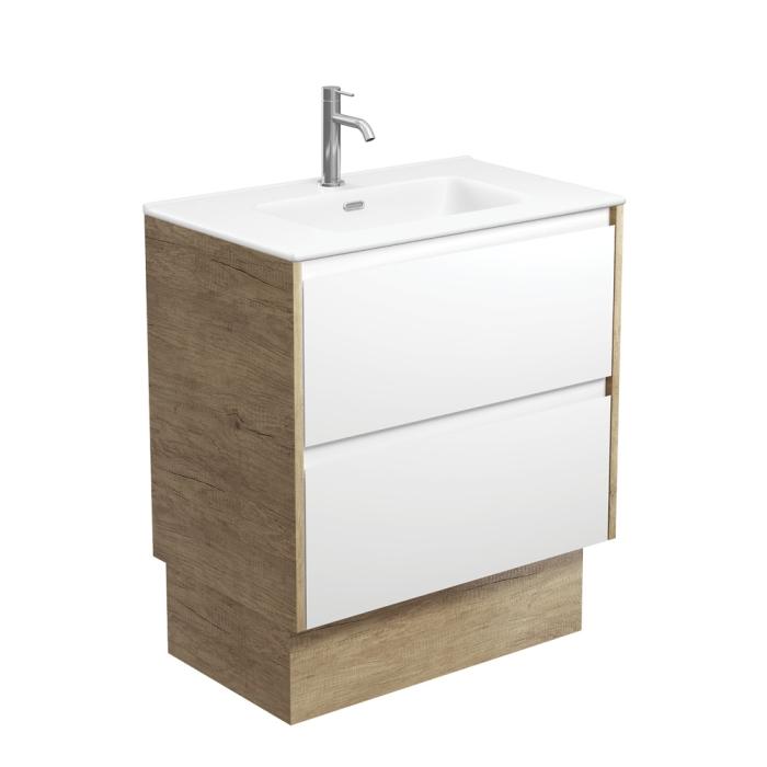Fienza Joli Matte Amato Satin White 750 Vanity On Kickboard With Scandi Oak Panels