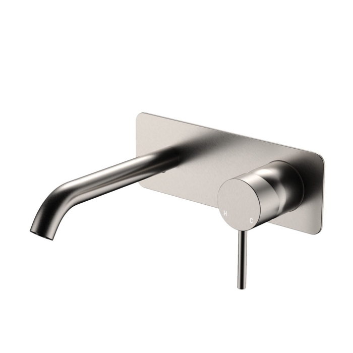fienza Kaya Basin/Bath Wall Mixer Set Rectangular Plate 160mm Outlet Brushed Nickel