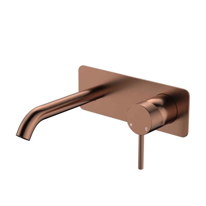 fienza Kaya Basin/Bath Wall Mixer Set Rectangular Plate 160mm Outlet Brushed Copper