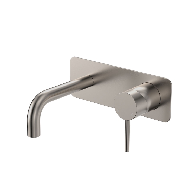 fienza Kaya Basin/Bath Wall Mixer Set Rectangular Plates 130mm Outlet Brushed Nickel