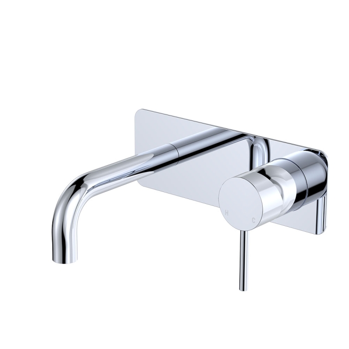 fienza Kaya Basin/Bath Wall Mixer Set Rectangular Plates 130mm Outlet Chrome