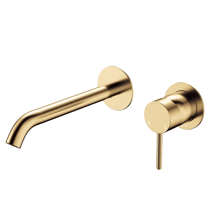 fienza Kaya Basin/Bath Wall Mixer Set Round Plates 200mm Outlet Urban Brass