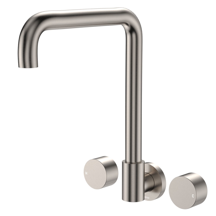 fienza Kaya Squareline Wall Set Round Taps Brushed Nickel