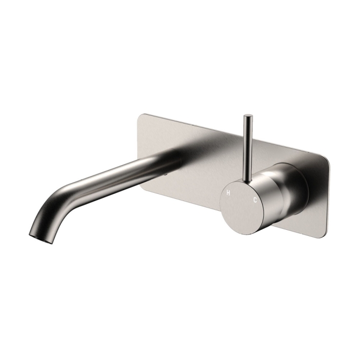 fienza Kaya Up Basin/Bath Wall Mixer Set Rectangular Plate 160mm Outlet Brushed Nickel