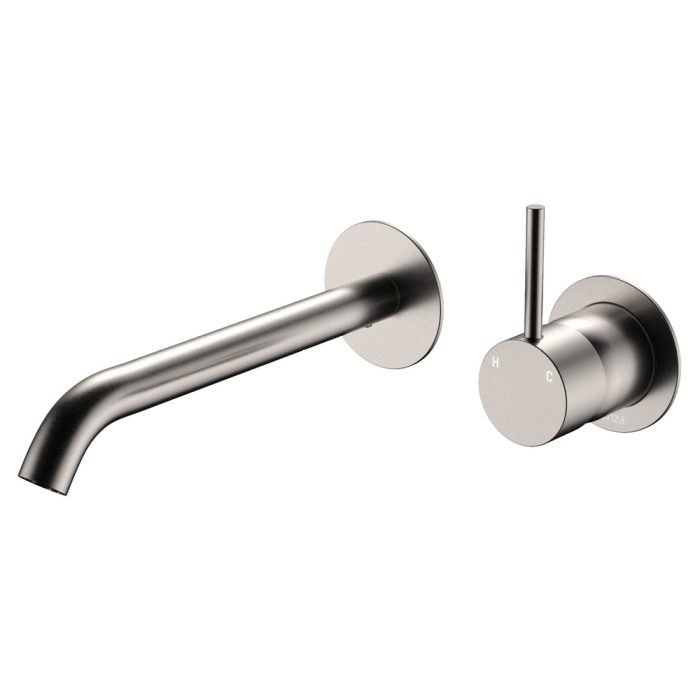 fienza Kaya Up Basin/Bath Wall Mixer Set Round Plates 200mm Outlet Brushed Nickel