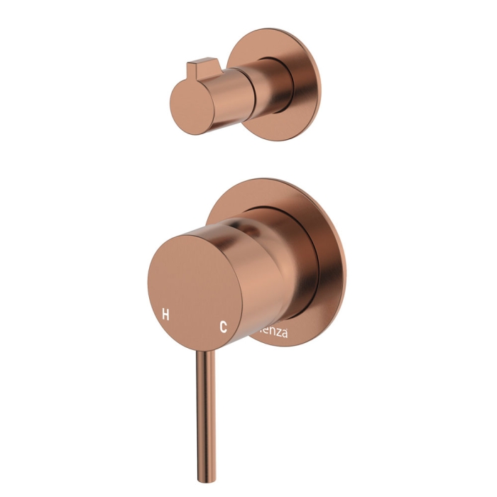 fienza Kaya Wall Diverter Mixer Small Round Plates Brushed Copper