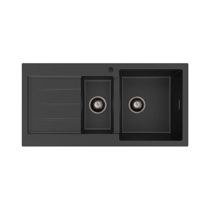 fienza Kuro Granite 32L/14L Double Kitchen Sink with Drainer Right Bowl 1 Tap Hole Matte Black