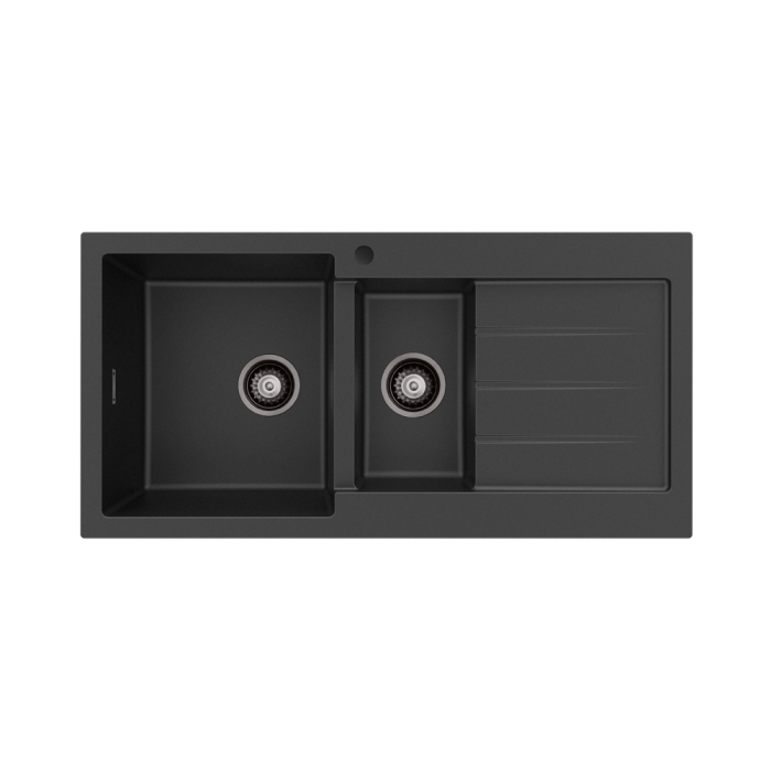 fienza Kuro Granite 32L/14L Double Kitchen Sink with Drainer Left Bowl 1 Tap Hole Matte Black
