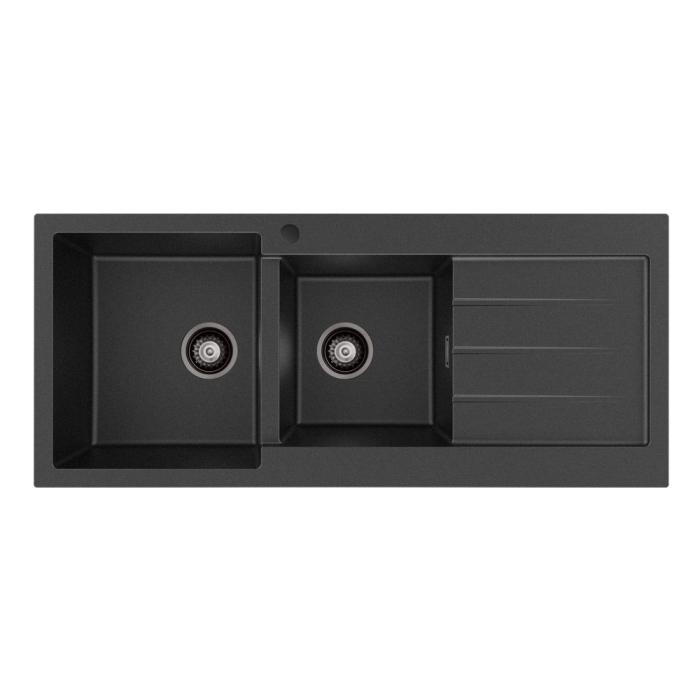 fienza Kuro Granite 32L/22L Double Kitchen Sink with Drainer Left Bowl 1 Tap Hole Matte Black