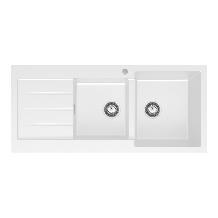 fienza Kuro Granite 32L/22L Double Kitchen Sink with Drainer Right Bowl 1 Tap Hole Matte White