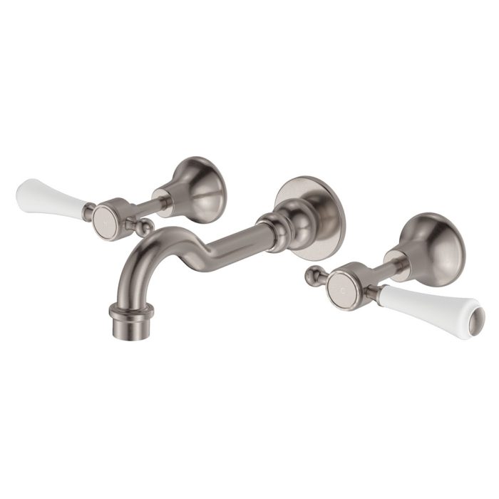 fienza Lillian Lever Basin/Bath Wall Set Brushed Nickel with Ceramic White Handle