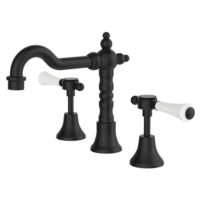 fienza Lillian Lever Basin Set Matte Black with Ceramic White Handle