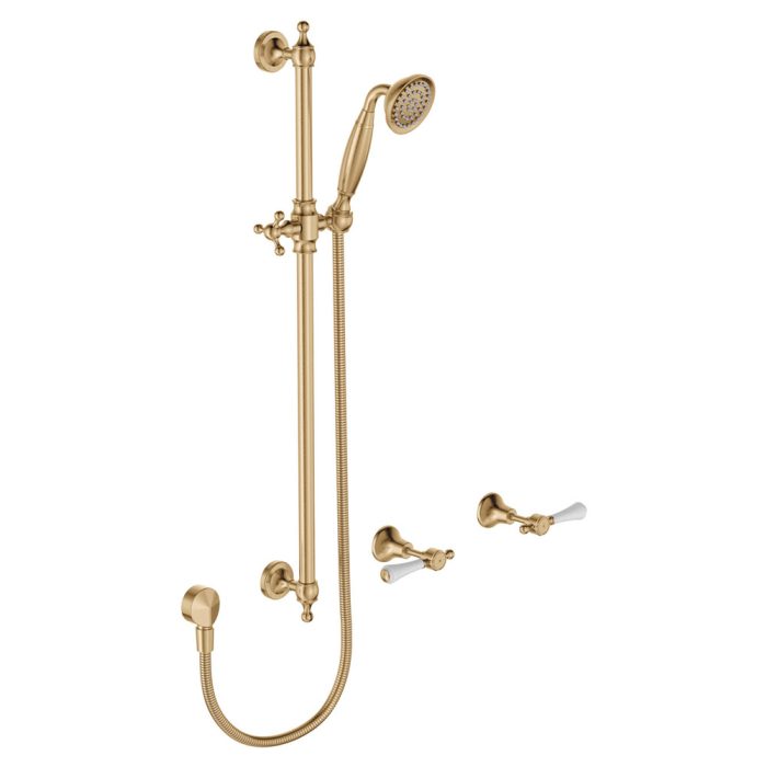fienza Lillian Lever Rail Shower Set Urban Brass with Ceramic White Handle