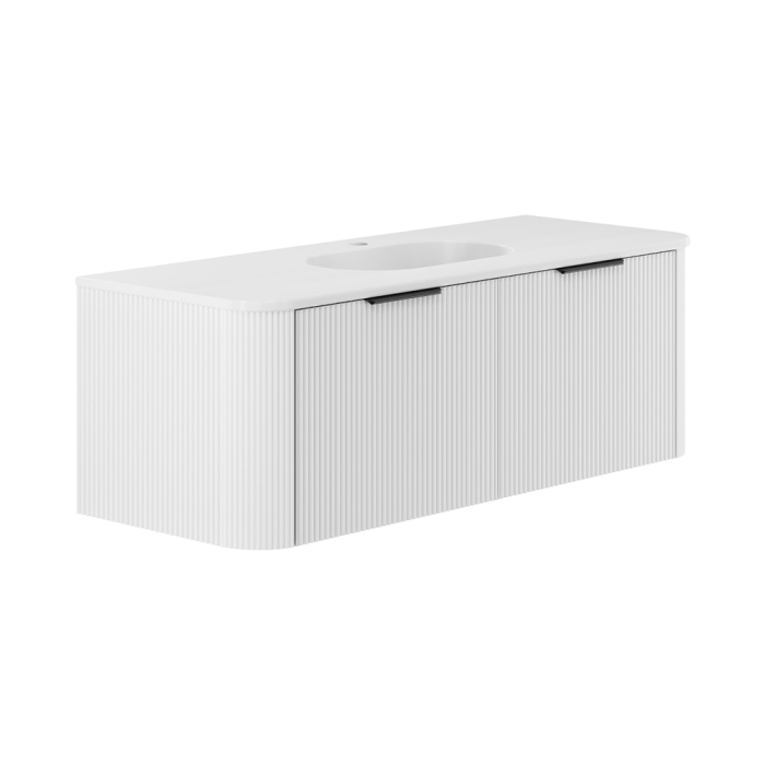 fienza Lola Matte Minka Curved Satin White 1200 Wall-Hung Vanity 1TH