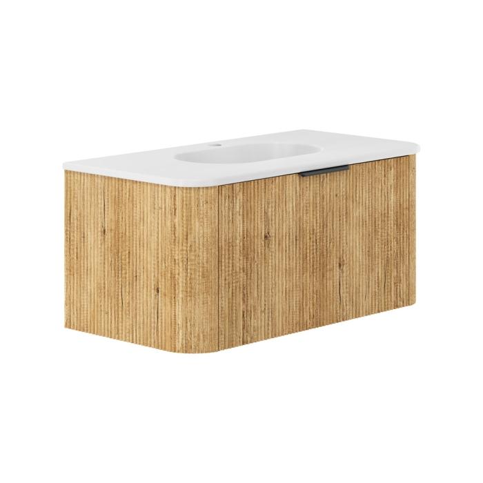 Fienza Lola Matte Minka Curved Scandi Oak 900 Wall-Hung Vanity 1TH