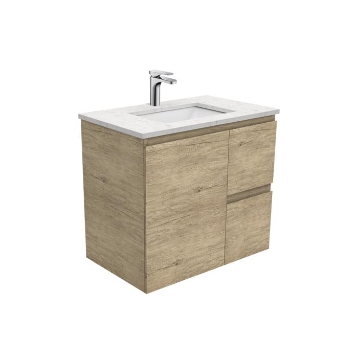 Fienza Sarah Bianco Marble Undermount 750 Edge Scandi Oak Wall-Hung Vanity Right Drawers