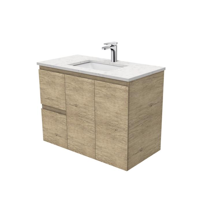 fienza Sarah Bianco Marble Undermount 900 Edge Scandi Oak Wall-Hung Vanity Left Drawers