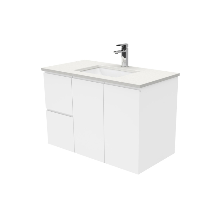 Fienza Sarah Crystal Pure Undermount 900 Fingerpull Gloss White Wall-Hung Vanity Left Drawers