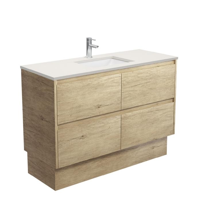 fienza Sarah Roman Sand Undermount 1200 Amato Scandi Oak Vanity on Kick