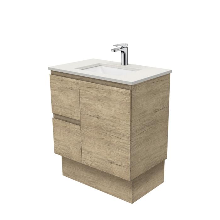 fienza Sarah Roman Sand Undermount 750 Edge Scandi Oak Vanity on Kick Left Drawers