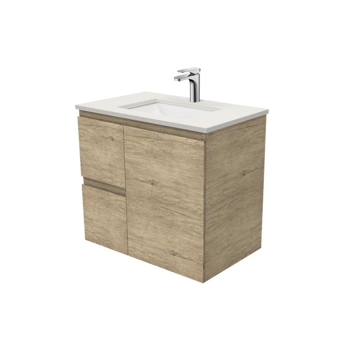 fienza Sarah Roman Sand Undermount 750 Edge Scandi Oak Wall-Hung Vanity Left Drawers