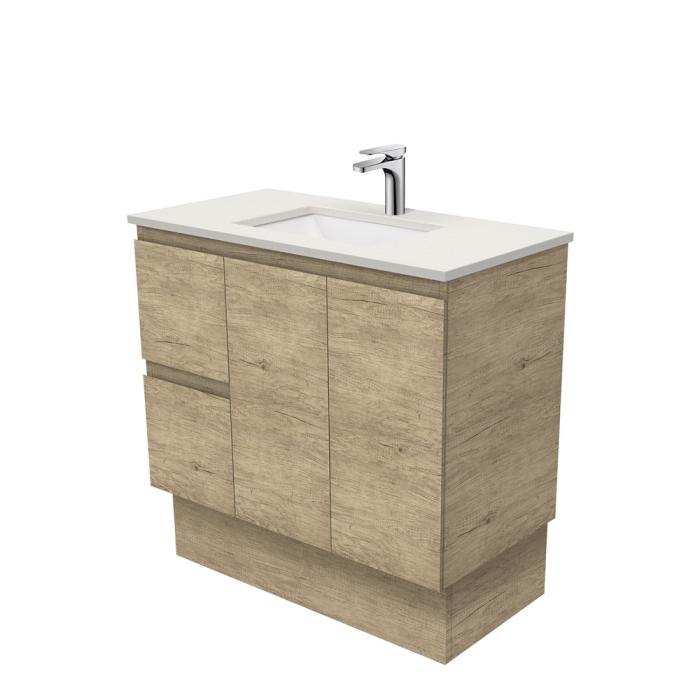 fienza Sarah Roman Sand Undermount 900 Edge Scandi Oak Vanity on Kick Left Drawers