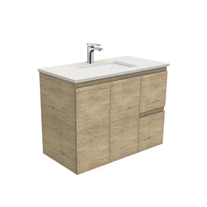 fienza Sarah Roman Sand Undermount 900 Edge Scandi Oak Wall-Hung Vanity Right Drawers