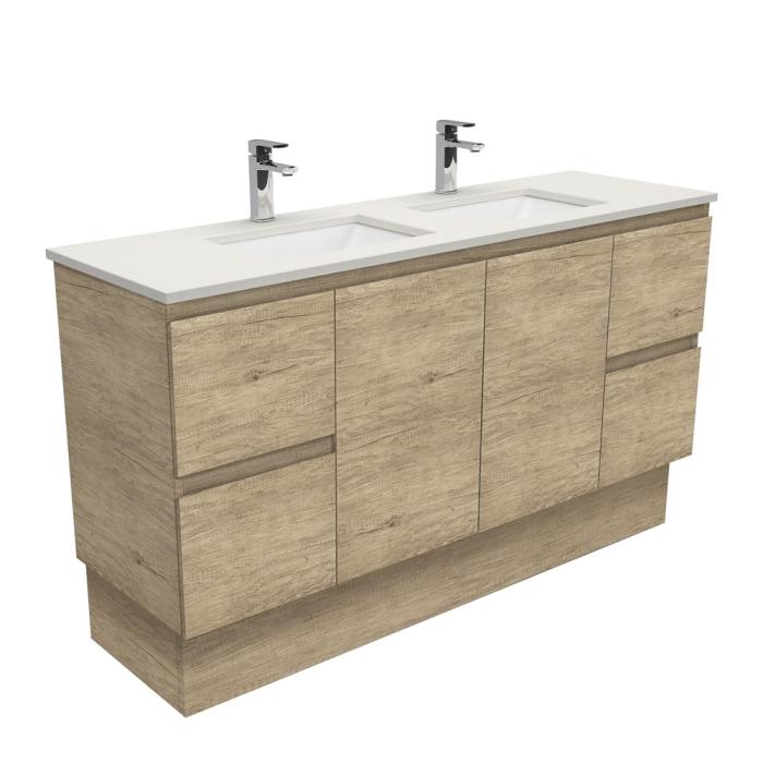 Fienza Sarah Roman Sand Undermount Double Bowl 1500 Edge Scandi Oak Vanity On Kick