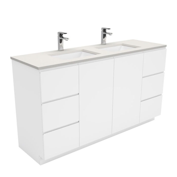 Fienza Sarah Roman Sand Undermount Double Bowl 1500 Fingerpull Gloss White Vanity On Kick