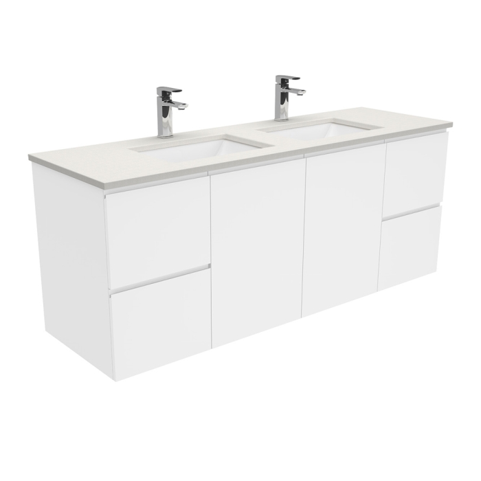 Fienza Sarah Roman Sand Undermount Double Bowl 1500 Fingerpull Gloss White Wall-Hung Vanity