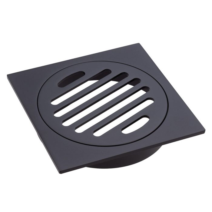 fienza Square Floor Waste Round Grate 100mm Outlet Matte Black