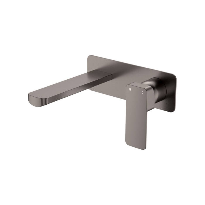 fienza Tono Basin/Bath Wall Mixer Set Rectangular Plate 160mm Outlet Gun Metal