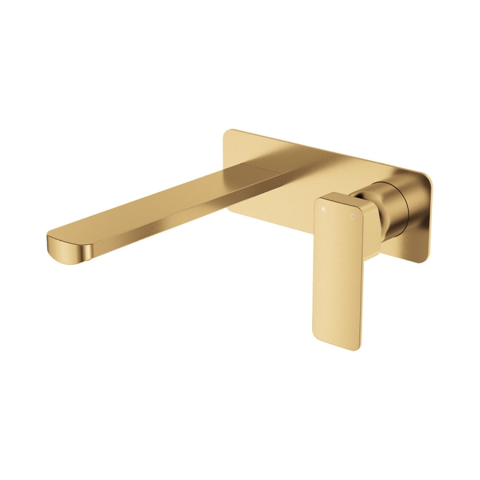 fienza Tono Basin/Bath Wall Mixer Set Rectangular Plate 200mm Outlet Urban Brass