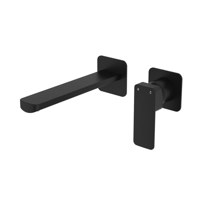 fienza Tono Basin/Bath Wall Mixer Set Square Plates 200mm Outlet Matte Black